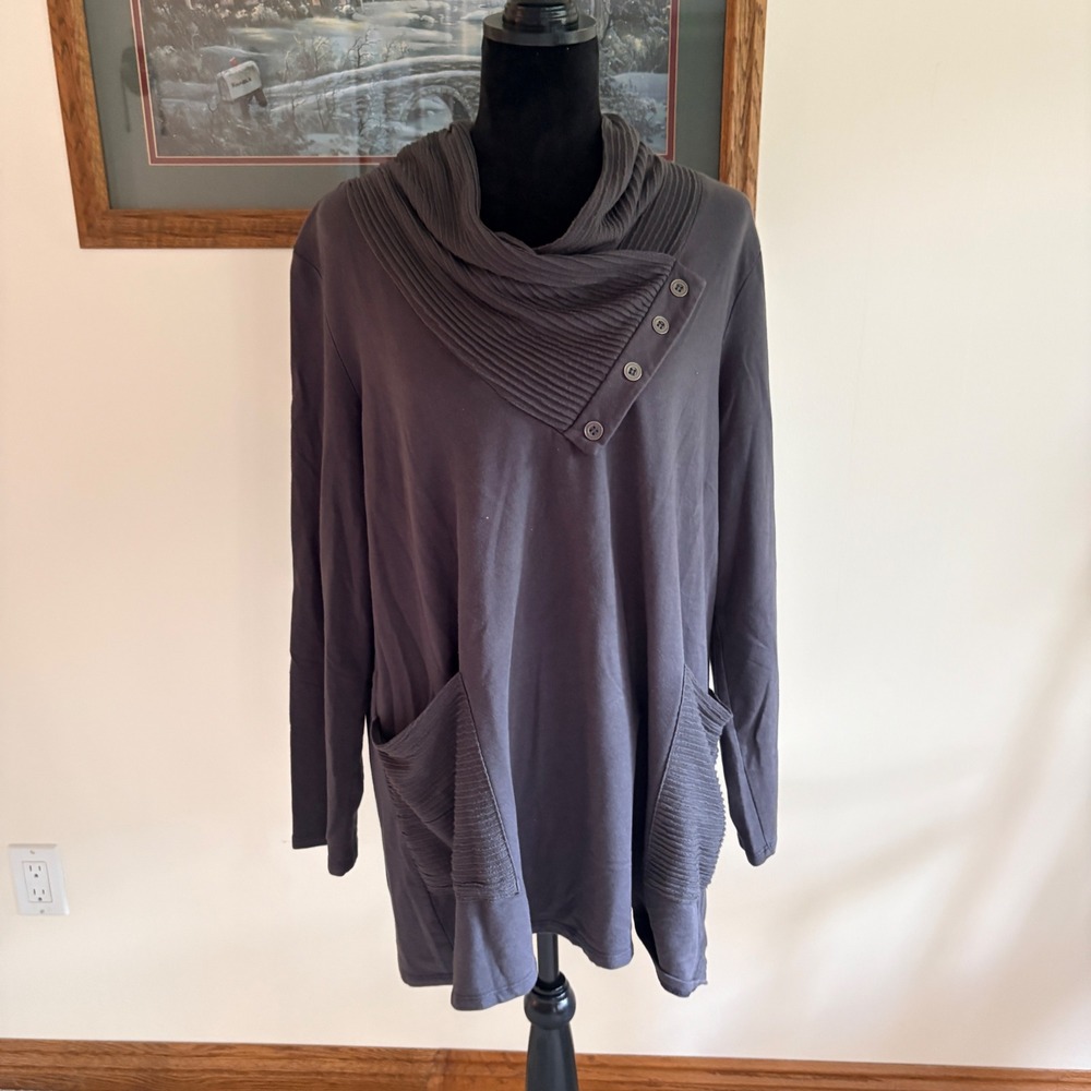 Chalet Tunic Top Womens‎ XL Charcoal Gray Cowl Neck Long Sleeve Lagenlook Cotton